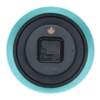 Back view of blue wall clock with battery compartment and hanging hole