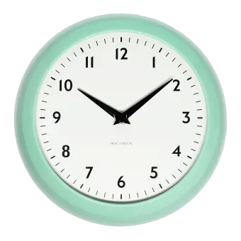 Round mint green wall clock with black hands and numbers