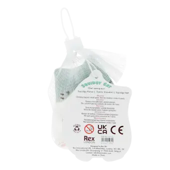 Back of squidgy stress cat showing safety warnings and barcode