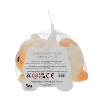 Squidgy stress cat in its packaging with tag showing safey warnings and barcode
