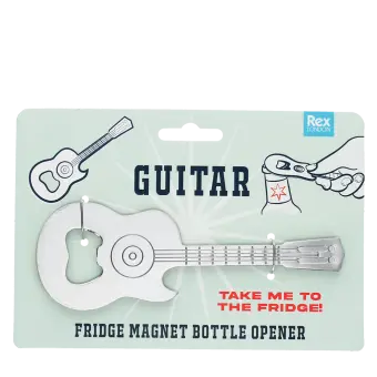 Fridge magnet with bottle oppener in guitar shaped packaging