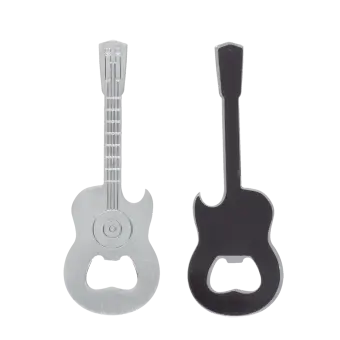 Guitar-shaped fridge magnets with built-in bottle openers, one in silver and one black