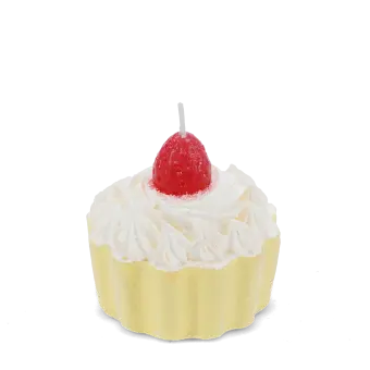 Yellow cupcake-shaped candle with a decorative strawberry on top