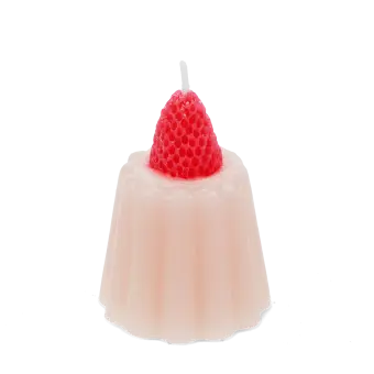 Pink jelly-shaped candle topped with a decorative red strawberry.