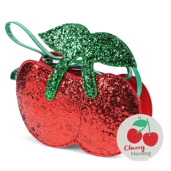 Children’s glitter handbag shaped like a red cherry, with green leaves and a green strap with tag