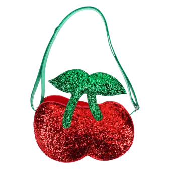 Children’s glitter handbag shaped like a red cherry, with green leaves and a green strap