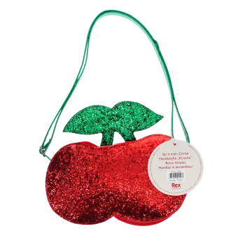 Children’s glitter handbag shaped like a red cherry, with green leaves and a green strap with tag