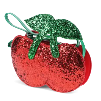 Children’s glitter handbag shaped like a red cherry, with green leaves and a green strap