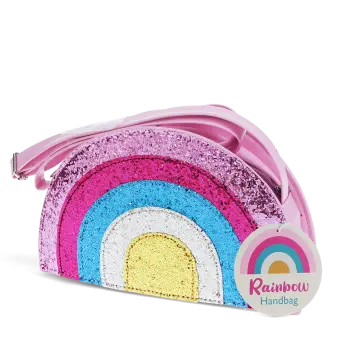 Children’s glitter rainbow handbag with colourful arcs and a pink strap with tag