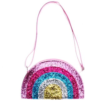 Children’s glitter rainbow handbag with colourful arcs and a pink strap