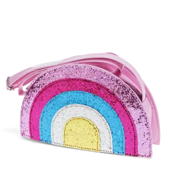 Children’s glitter rainbow handbag with colourful arcs and a pink strap