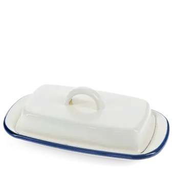 Rectangular white enamel butter dish with a blue rim and a handled lid