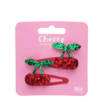 Pair of red glitter cherry hair clips with green glitter leaves in packaging