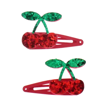 Pair of red glitter cherry hair clips with green glitter leaves