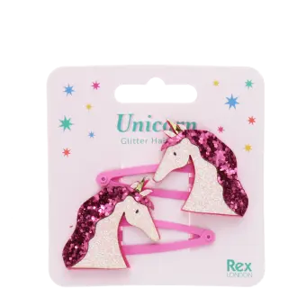 Pair of pink hair clips with glittery unicorn heads in packaging
