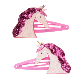 Pair of pink hair clips with glittery unicorn heads