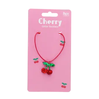 Children’s necklace with red cord and sparkling cherry pendant in packaging