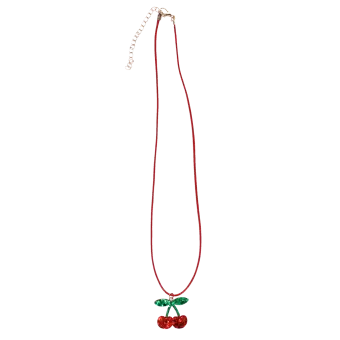 Children’s necklace with red cord and sparkling cherry pendant in packaging