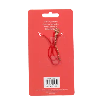 back of cherry glitter necklace packaging with safety warnings in multilingual