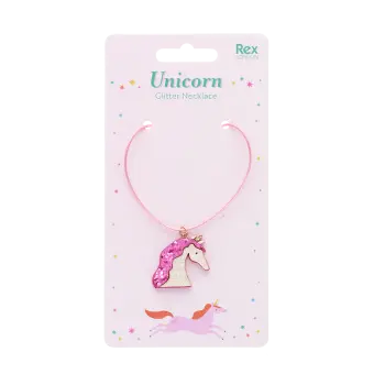 Children’s necklace with pink cord and sparkling unicorn pendant in packaging