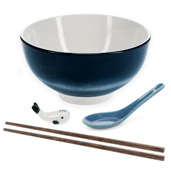 Blue ceramic noodle bowl set with spoon, chopsticks, and fish-shaped rest