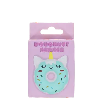Doughnut-shaped unicorn eraser inside original retail packaging