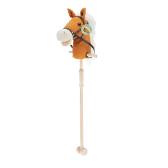 hobby horse toy with white mane and black bridle on a wooden stick