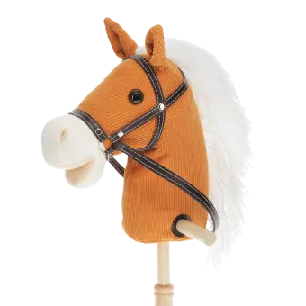 hobby horse toy with white mane and black bridle on a wooden stick