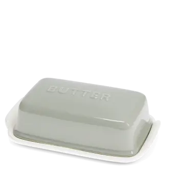 Rectangular butter dish with grey lid embossed with the word 'BUTTER