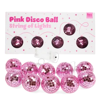 String of pink disco ball lights shown with packaging in the background.