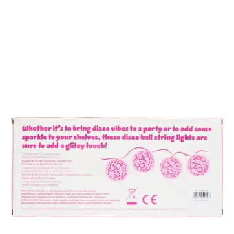 Back of packaging for pink disco ball string lights with product details and safety warnings.