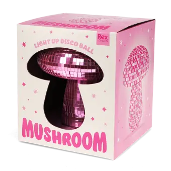 Pink disco mushroom table lamp in a pink box with cut-out window.