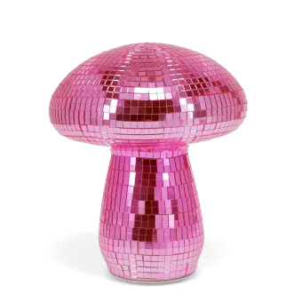 Pink disco mushroom-shaped table lamp with mirrored tiles.