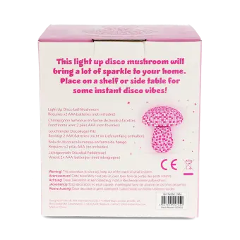 Back of pink disco table lamp packaging with product details and safety warnings.