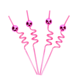 Four pink curly straws each topped with a small pink disco ball decoration.