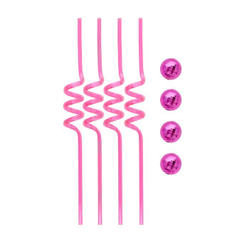 Four pink curly straws with four small pink disco ball decorations.