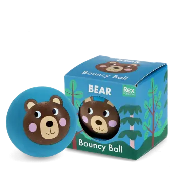 Blue bouncy ball with a bear face design next to its matching box 