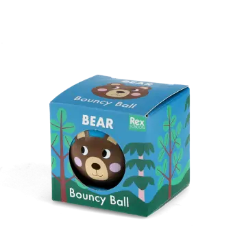 Blue bouncy ball with a bear face design in a packaging