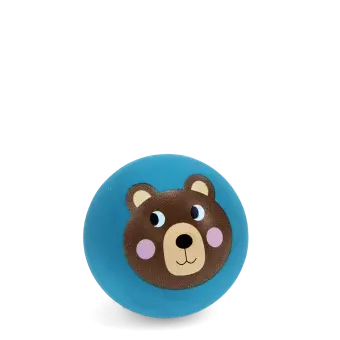 Blue bouncy ball with a bear face design