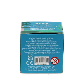 Back of bear bouncy ball packaging showing safety warnings.