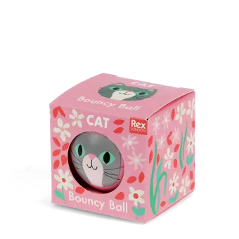 Pink bouncy ball with a cat face design in a packaging