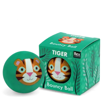 Green bouncy ball with a tiger face design next to its matching box 