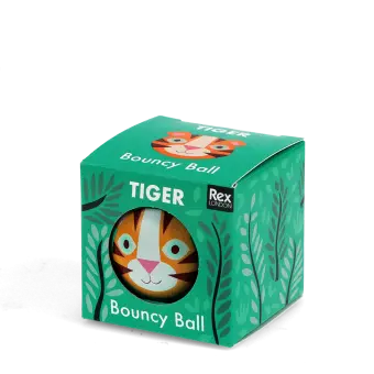 Green bouncy ball with a tiger face design in a packaging box 