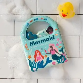 Colour Changing Bath Book' featuring colourful illustrations of mermaids, fish, and underwater scenes