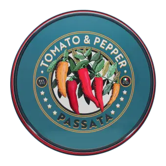 Back of Round metal serving tray with vintage-style tomato and pepper text design and chili illustration