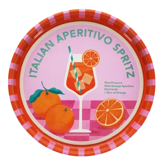 Round metal serving tray with Italian Aperitivo Spritz design featuring cocktail and oranges