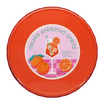 Back of Round metal serving tray with Italian Aperitivo Spritz design featuring cocktail and oranges
