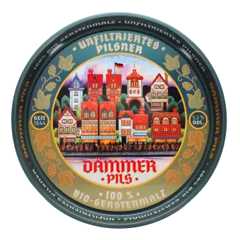Round metal serving tray with vintage German beer design and colorful town illustration