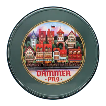 Back of Round metal serving tray with vintage German beer design and colorful town illustration