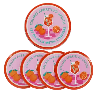 Four round coaster with Italian Aperitivo Spritz design and storage tin